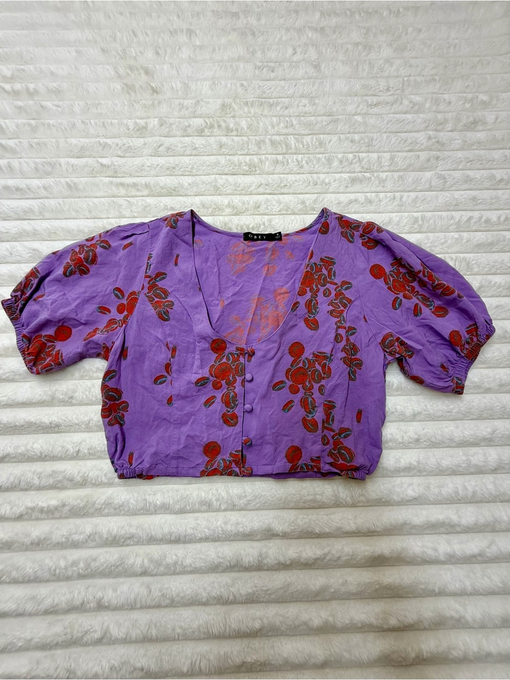 Obey Purple Cropped Button Front Top with Red Floral Print